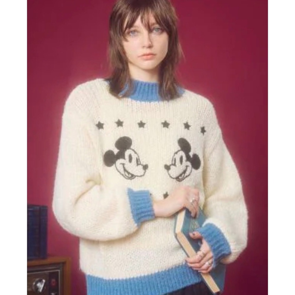 Disney American Holic Mickey Mouse Knit Sweater Ivory Blue Mock Neck from Japan